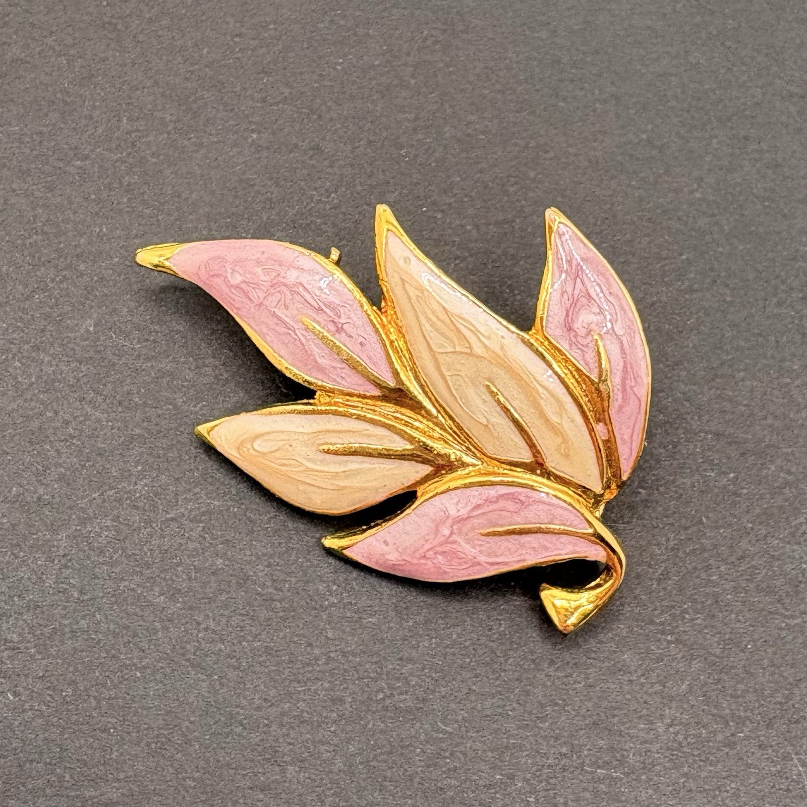 Vintage Pink & Cream Enamel Leaf Spray Brooch Gold Tone Edges Nature Glam