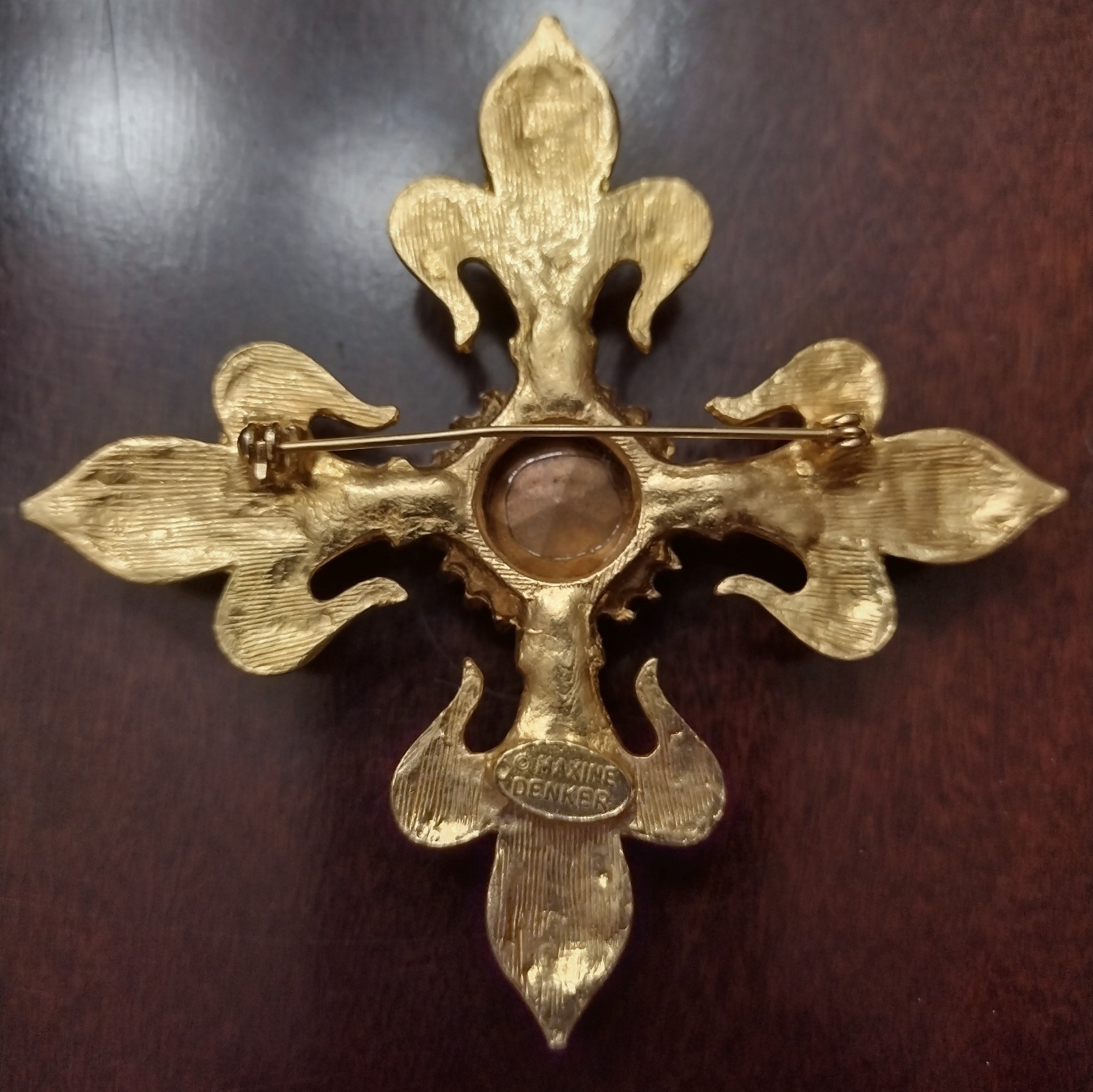 MAXINE DENKER Signed Fleur De Lis Cross Amethyst Glass Designer Gold Brooch