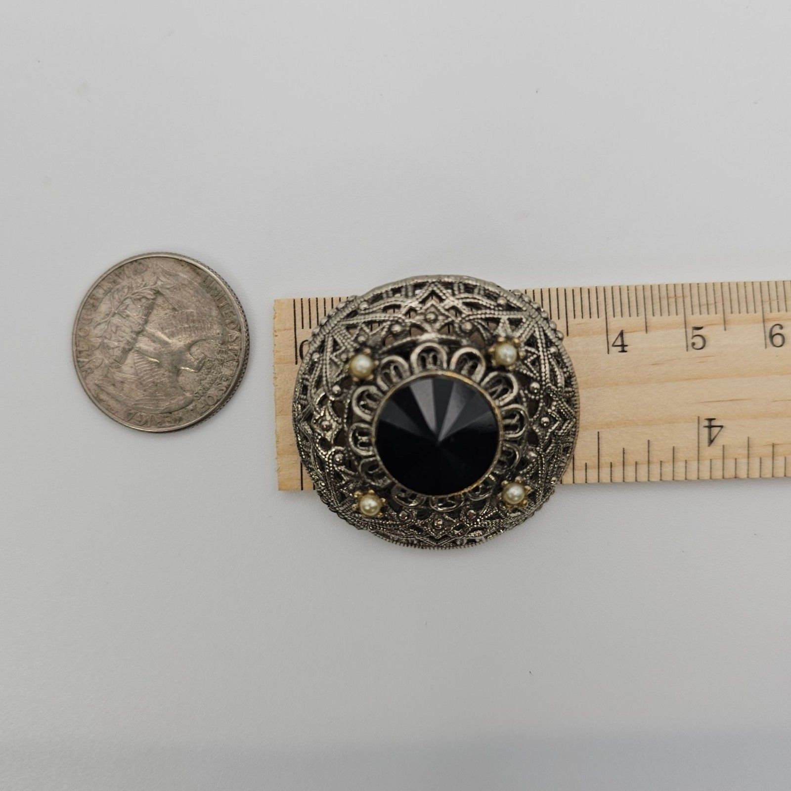 Vtg Tacoa Black Rivoli Filigree Brooch Silver Tone Victorian Revival Gothic Pin