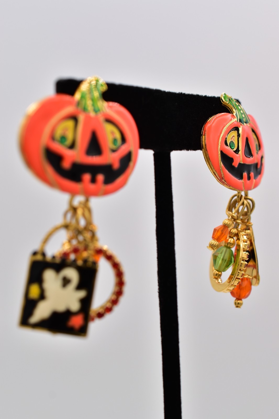 Lunch at The Ritz Halloween Pumpkin Ghost Candy Corn Charm Earrings Signed Bin1