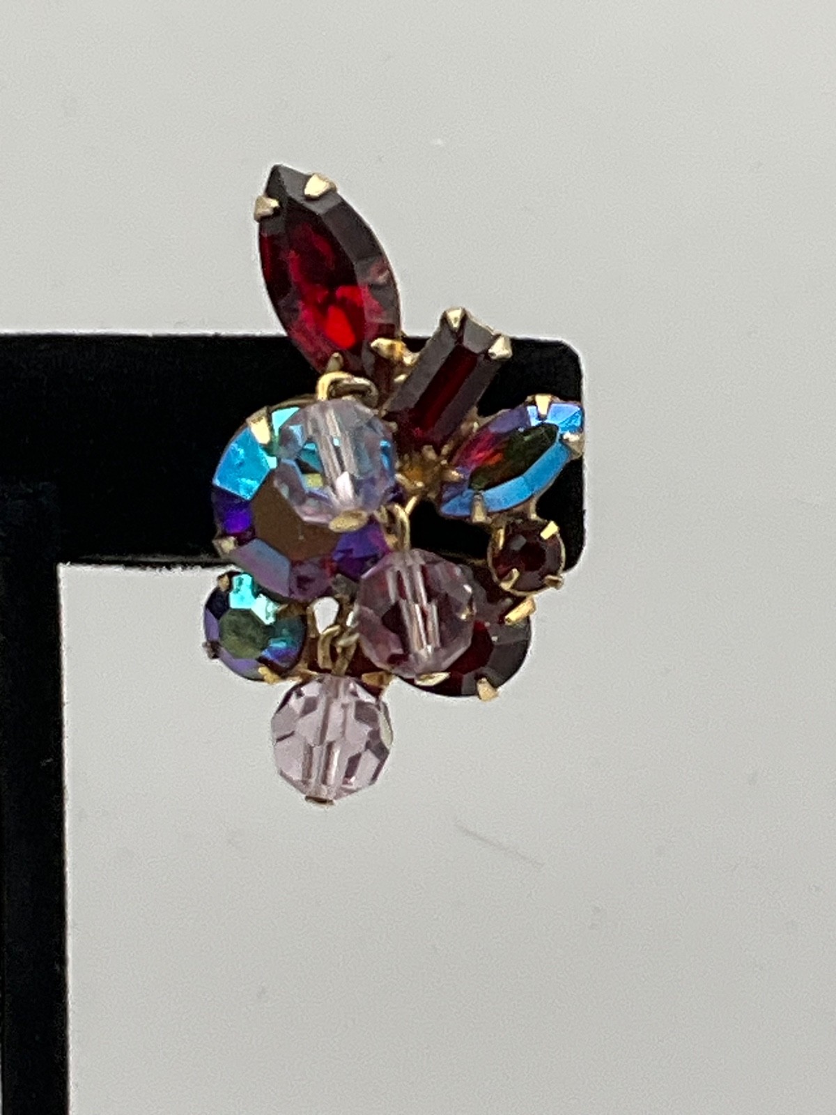 Signed Kramer Ruby Red AB Rhinestone Dangle Clip On Earrings VTG