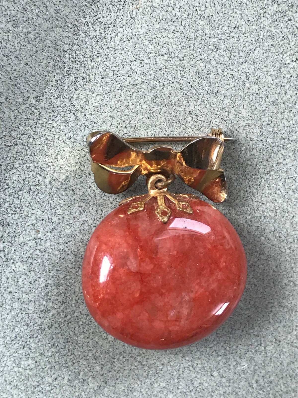 Vintage Small Goldtone Ribbon Bow w Large Polished Orange Agate Stone Dangle Cha