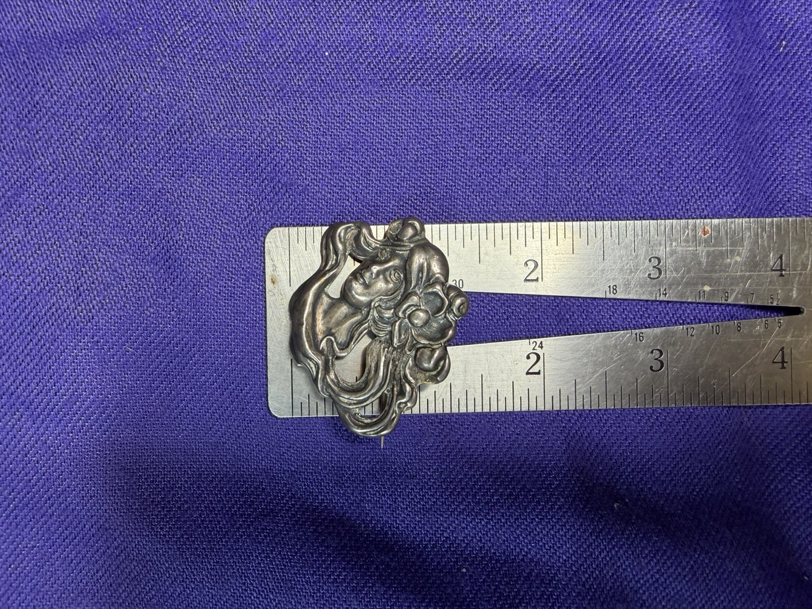 Antique Art Nouveau Sterling Top Lady Portrait Brooch Pin Floral Hair