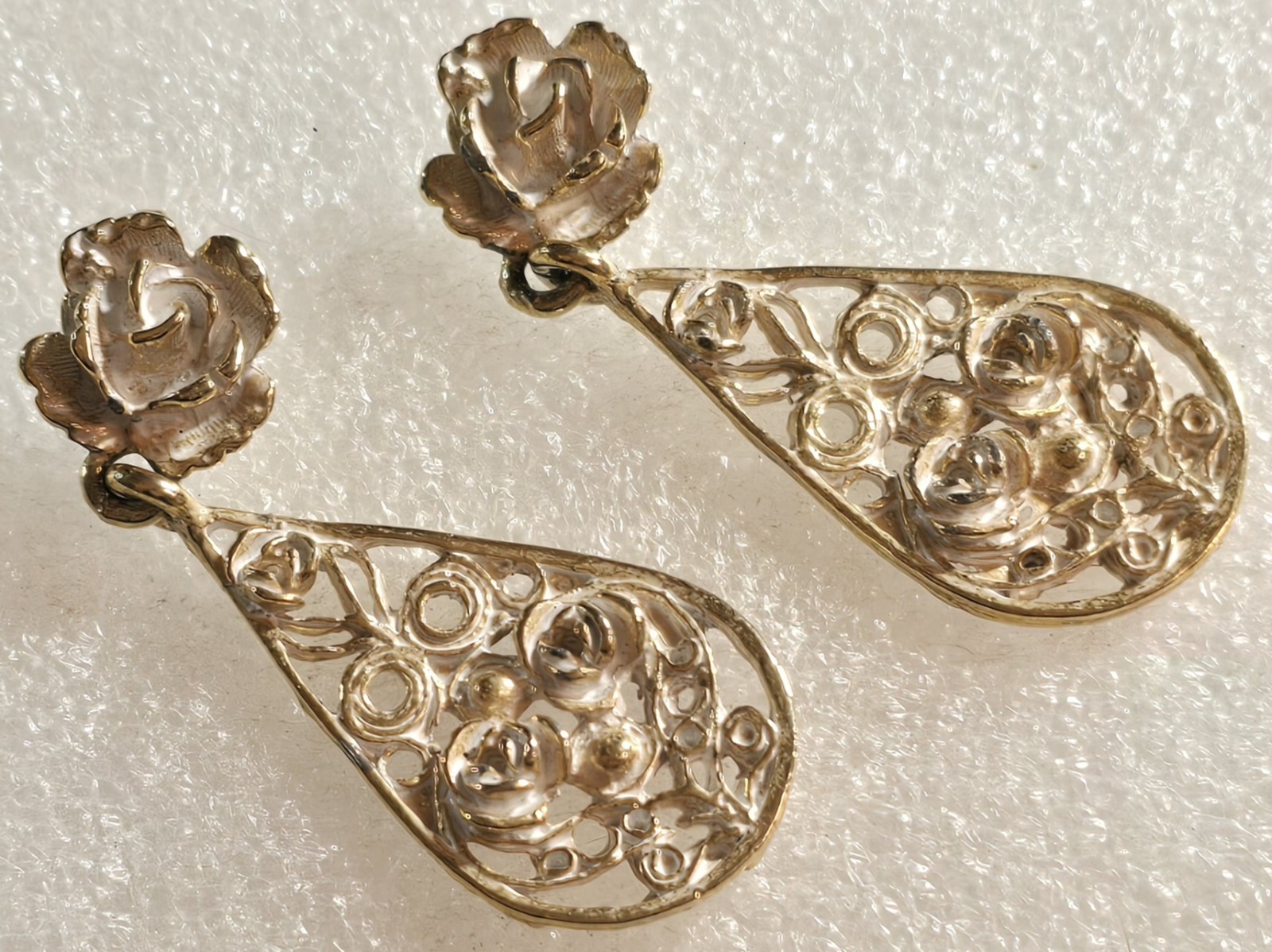 Vintage White Enamel Roses Cannetille Etruscan style Drop Pierced Earrings