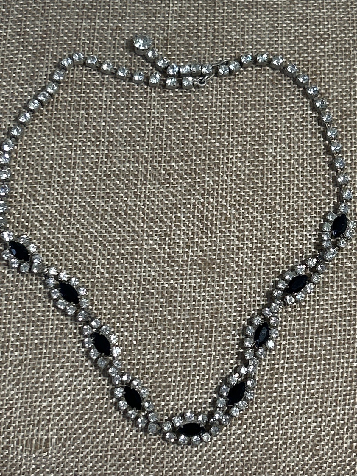 Vintage Silver-Tone Choker with Black Marquise & Clear Round Rhinestones