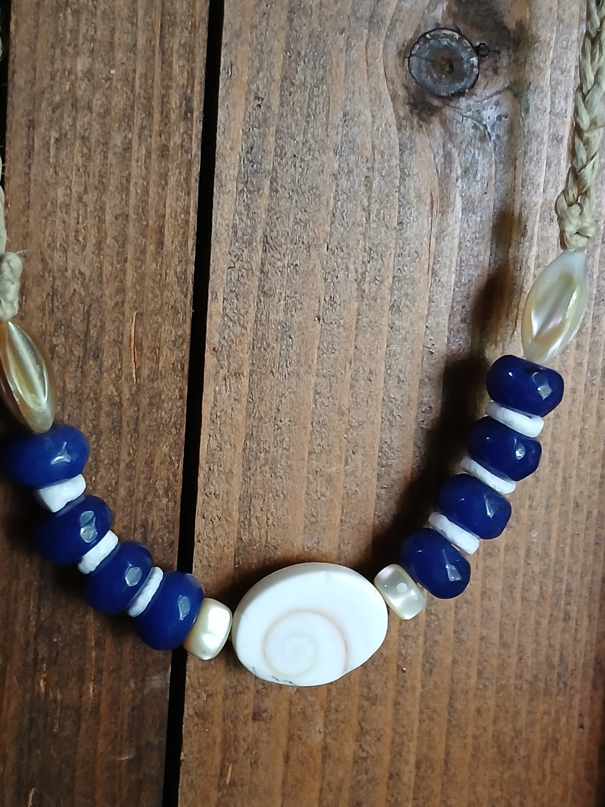 Blue Jade Ocean Shell Necklace Hemp Cord Hippie Boho Travel Beach Wear