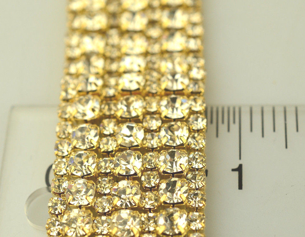 VINTAGE 3/4 INCH WIDE 7 ROW PRONG SET 2 SIZES RHINESTONE BRACELET 7 3/8″ LONG