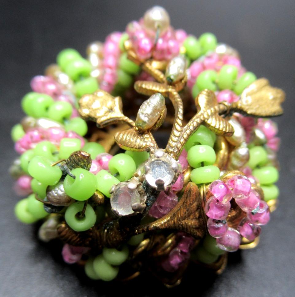 MIRIAM HASKELL Pink & Green Glass Bead Vintage Pin Brooch