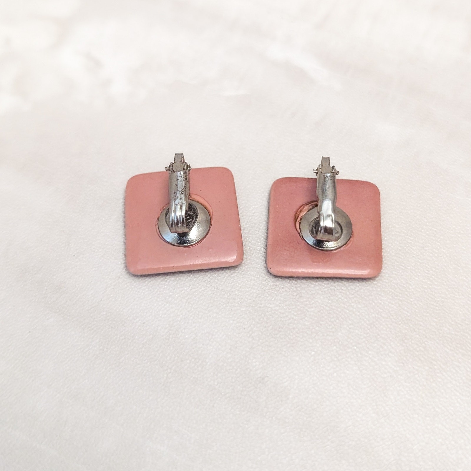 Vintage Clip On Earrings Light Brown with Pinkish Undertone Square Shape Retro