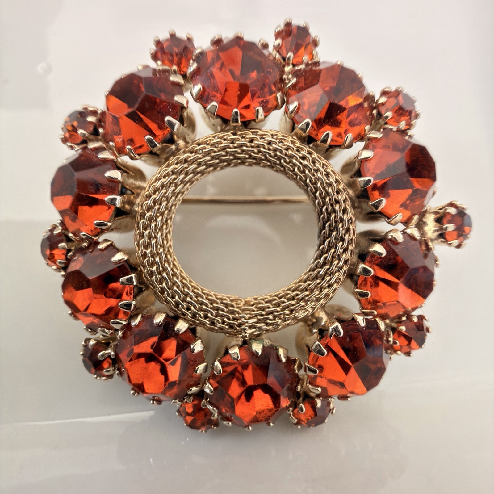 RARE Signed Weiss Fire Opal Red Rhinestone Wreath Brooch Screwback Earrings Set
