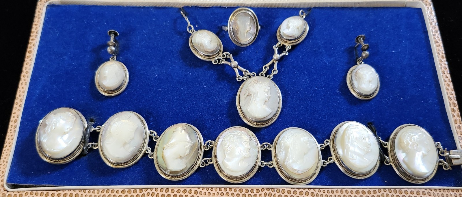 Vintage 800 Silver Naples Italy Cameo Necklace, Earrings, Ring and Bracelet Set