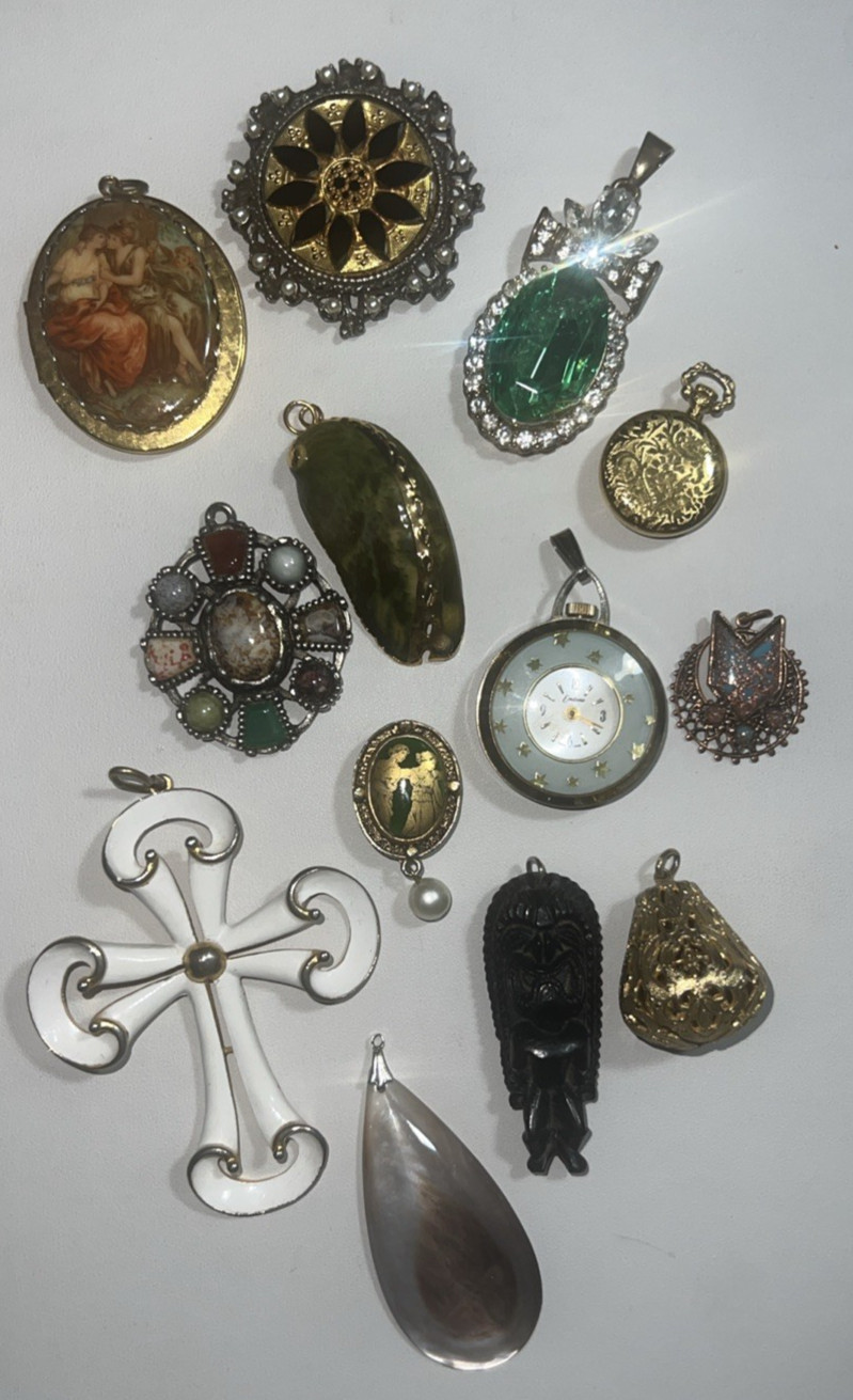 Vintage Unique Large Pendant Lot Cross Cameo Locket Watch Shell Stone Crystal