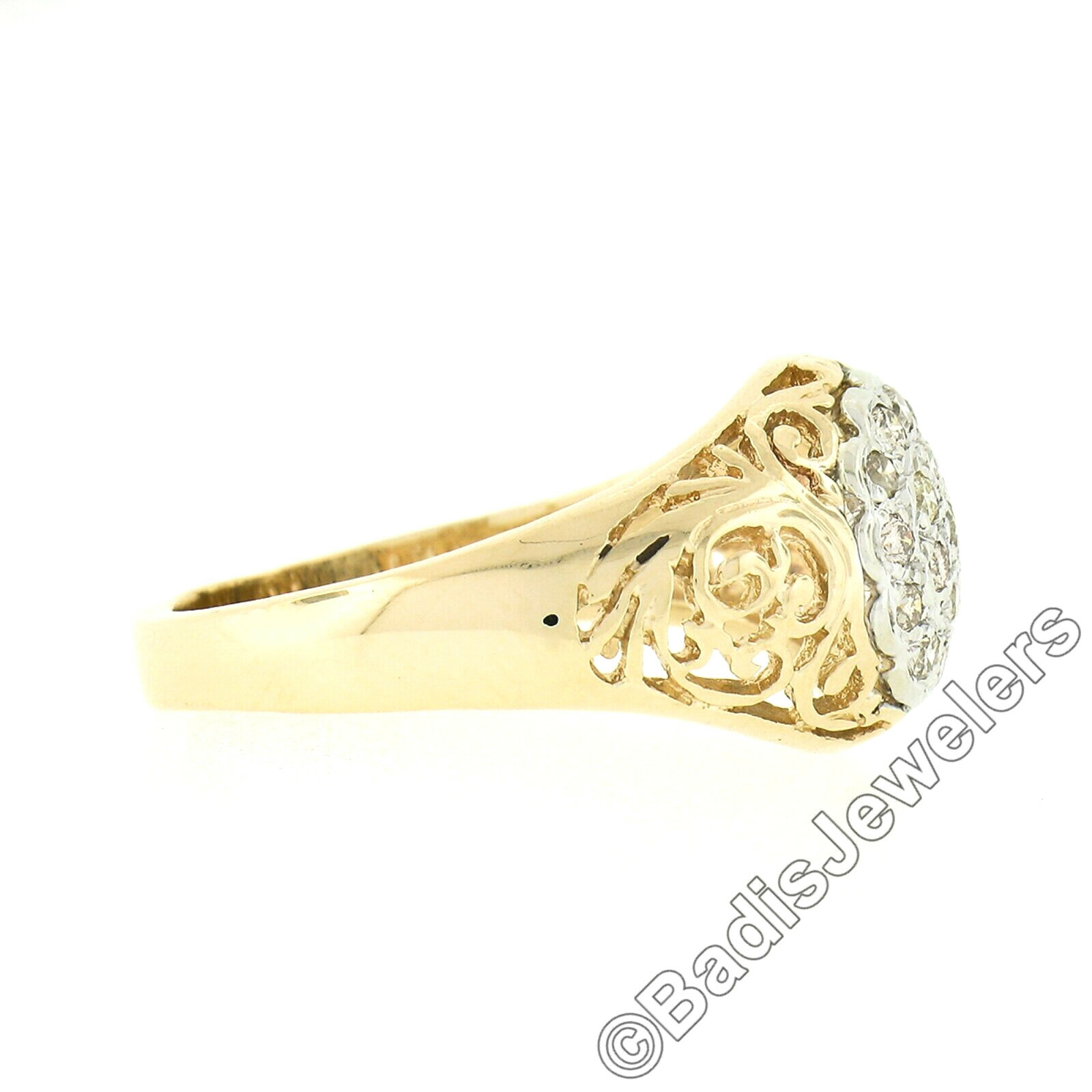 Vintage 14k TT Gold .35ct Round Pave Diamond Cluster Open Scroll Work Domed Ring