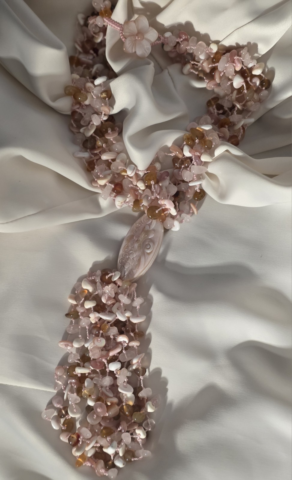 Sajen Multi Strand Gemstone Whimsical Statement Necklace Shell Rose Quartz