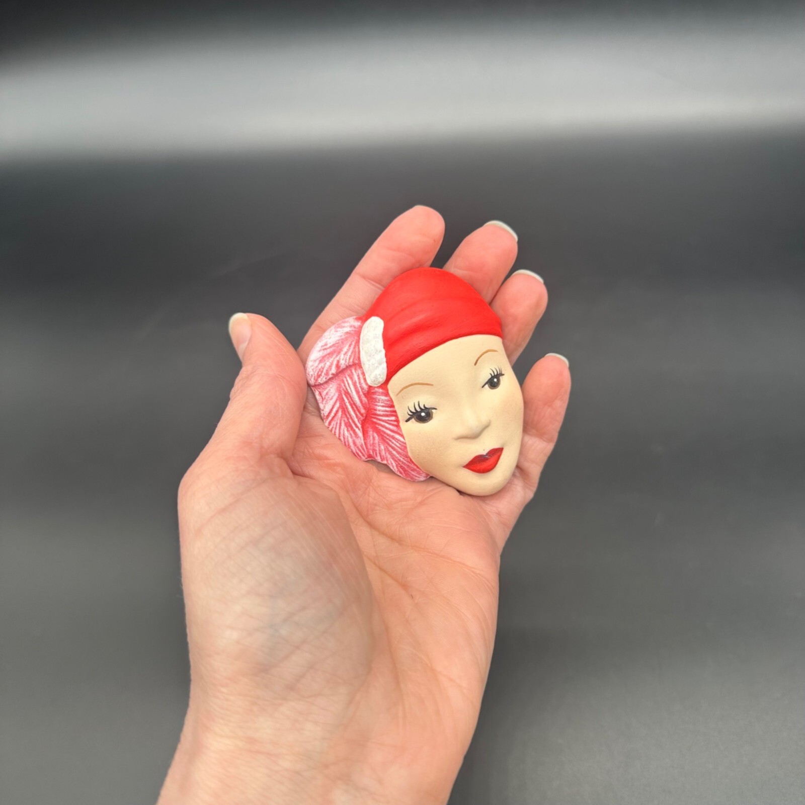 Vintage Brooch Pin Hand Painted Ceramic Womans Face Red Hat Retro Jewelry