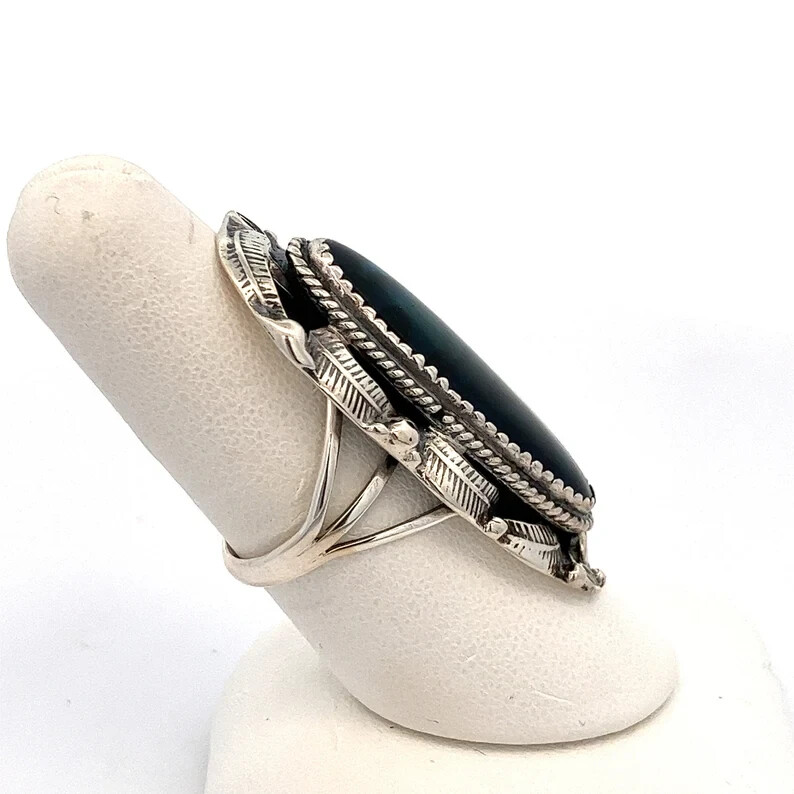 Native American Huge Paua Blue Abalone Shell Sterling Silver Ring- Signed -ET495