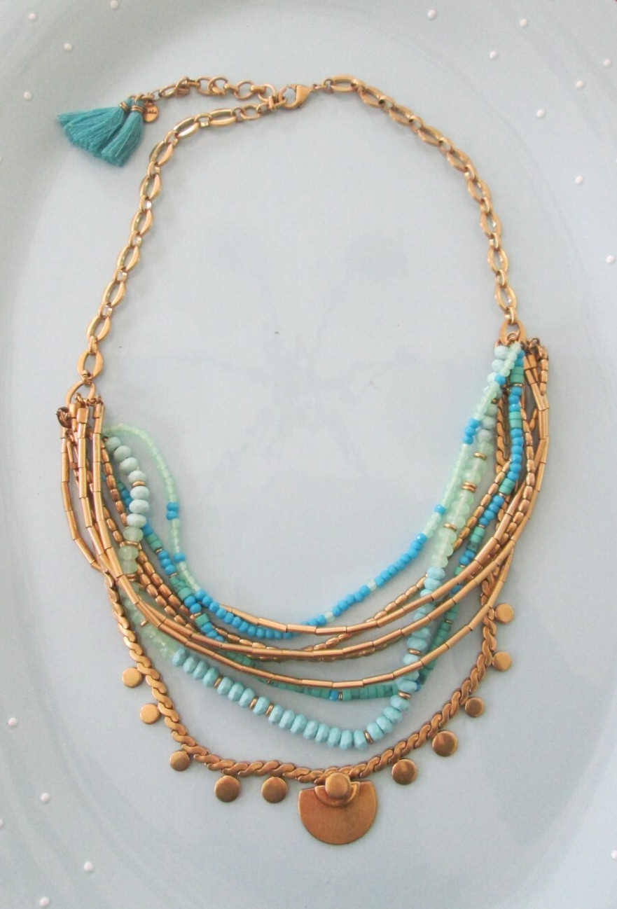 Stella & Dot Isa Convertible 3 in One Blue Bead Gold Tone Layer Collar Necklace