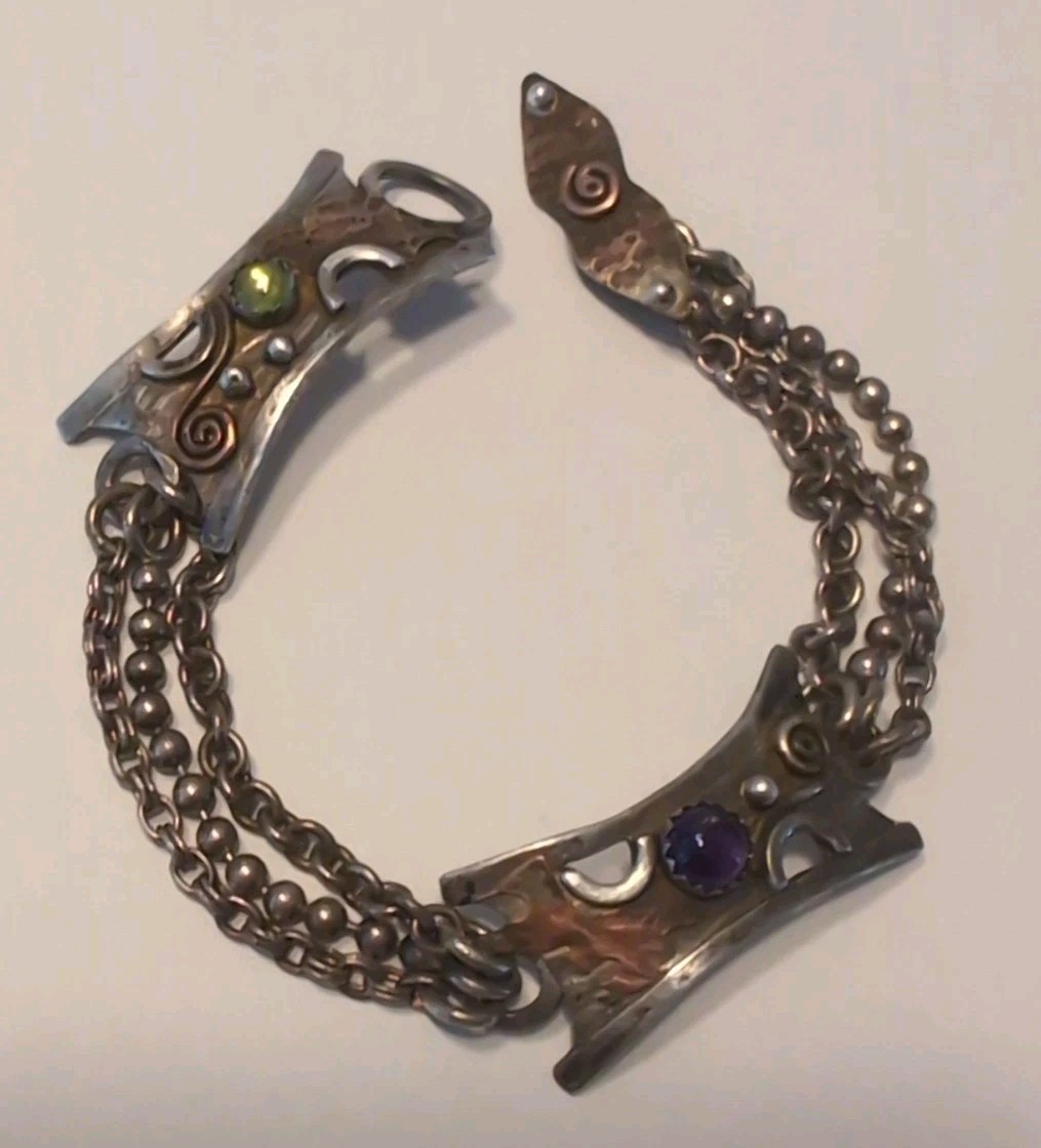 Vintage Sterling Mixed Metal Amethyst Peridot Toggle Bracelet