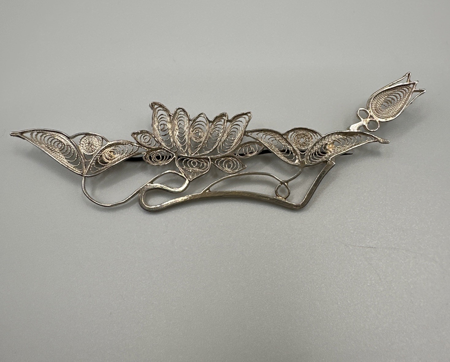 Hand Made EUROPEAN Filigree Brooch 4 in. Silver Lotus Floral