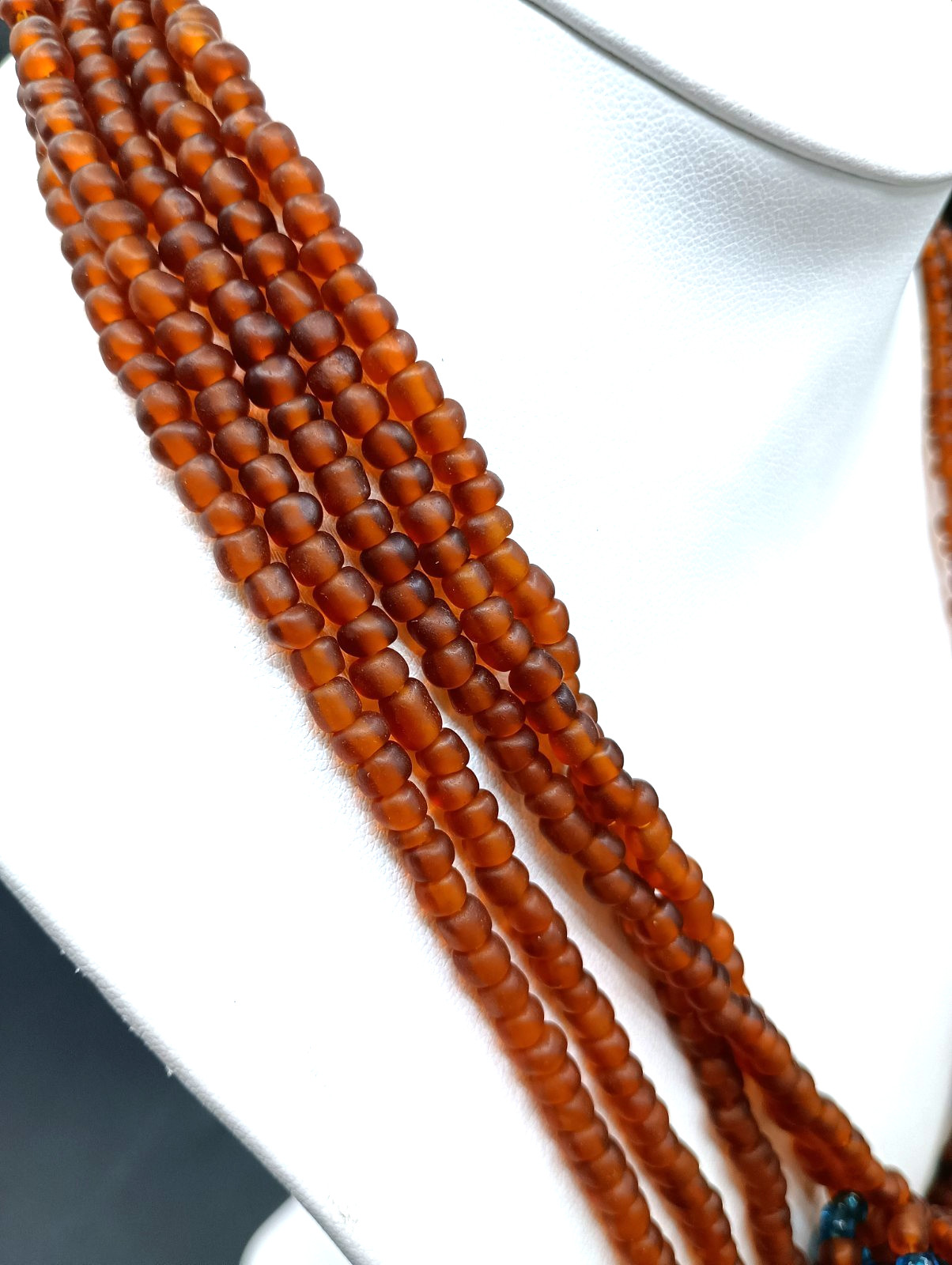 Vintage Seed Bead Necklace Glass Amber Turquoise Color Multi-Strand Artisan 25″
