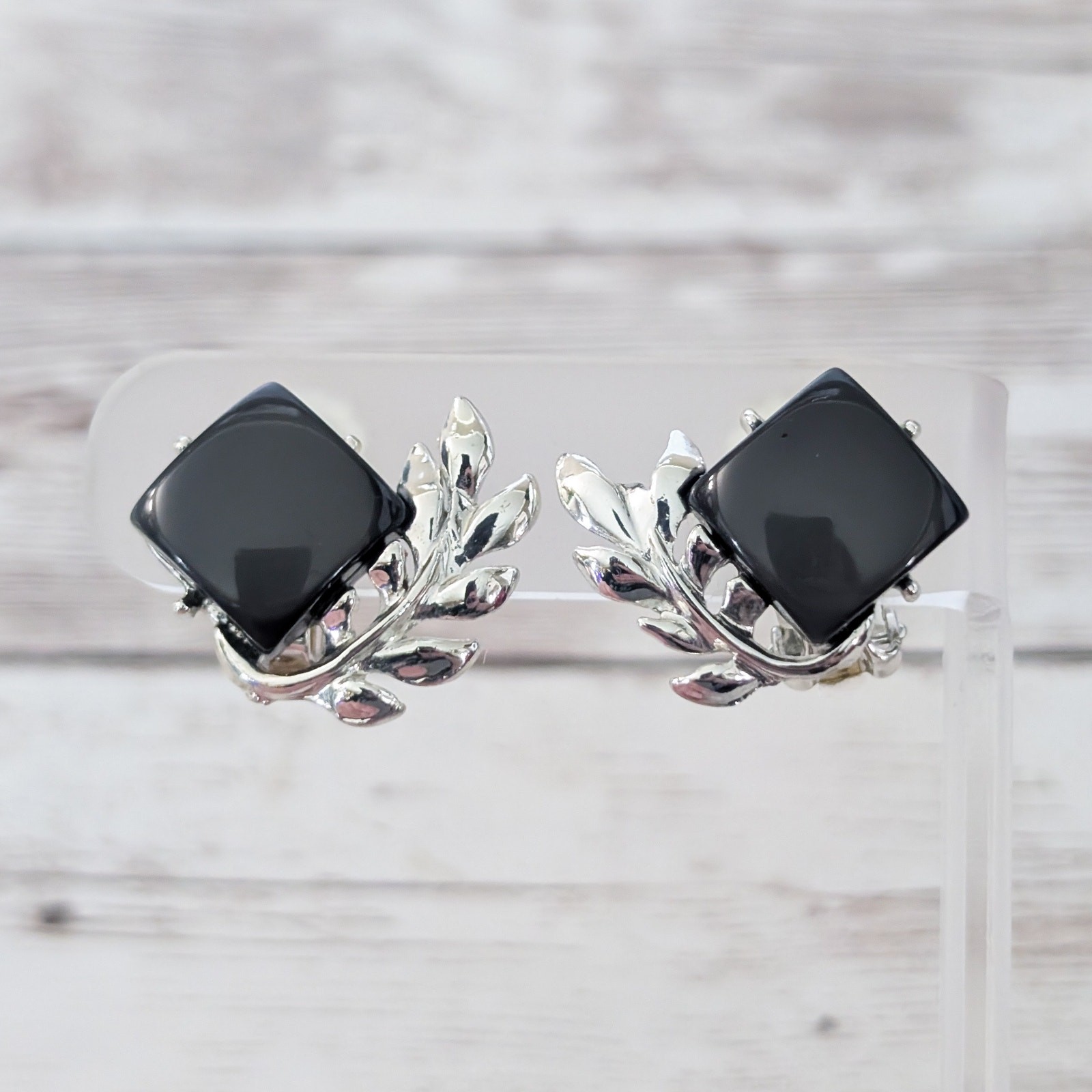 Vintage Clip On Earrings Regal Black with Silver Tone Branch Statement