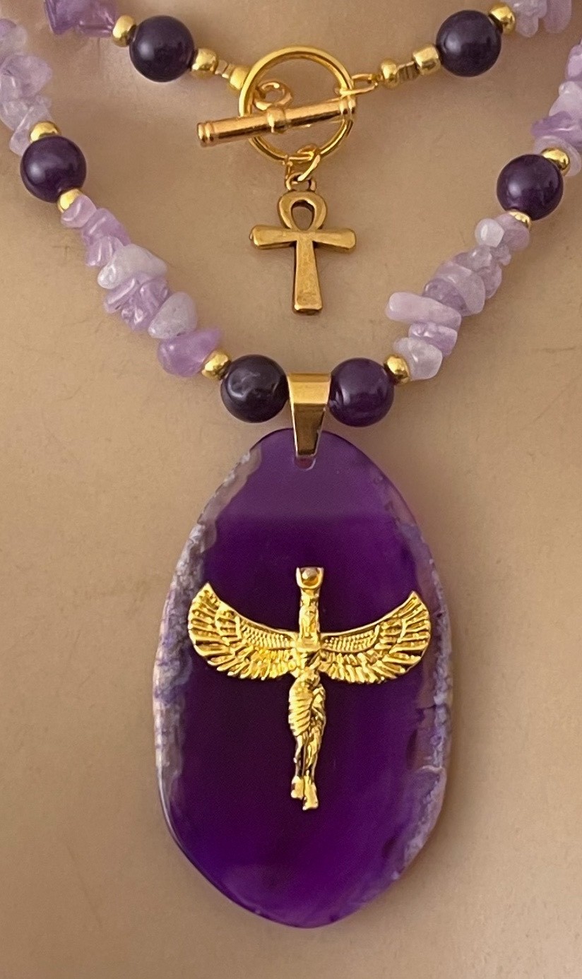 Artisan Necklace Egyptian Revival Goddess Pendant Amethyst Gemstone Beads