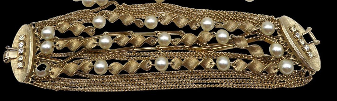 Vintage Wrap Around Necklace and Multi Strand Bracelet Faux Pearl Goldtone