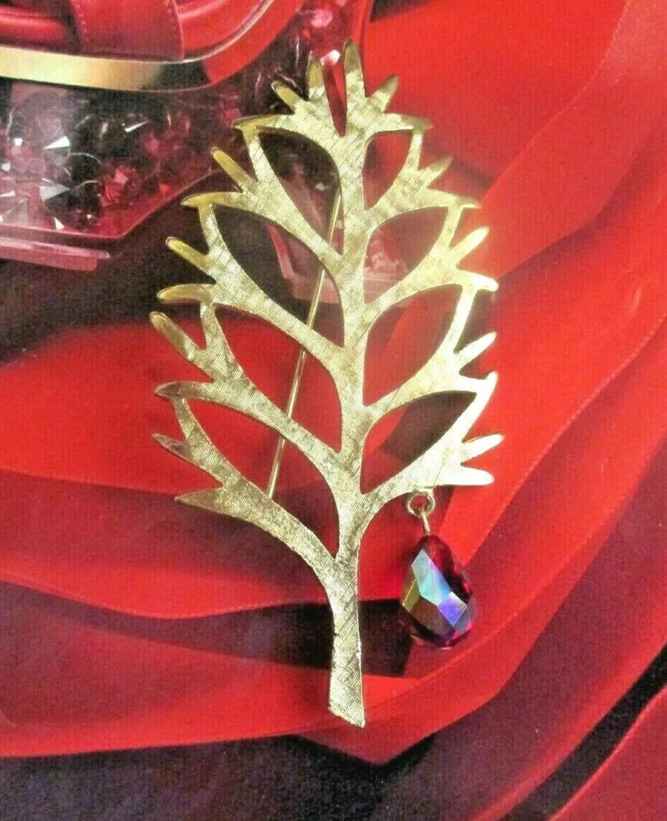 MYLU CHRISTMAS TREE BROOCH RUBY RED DANGLE DROP CRYSTAL AB MINTY RARE STUNNING