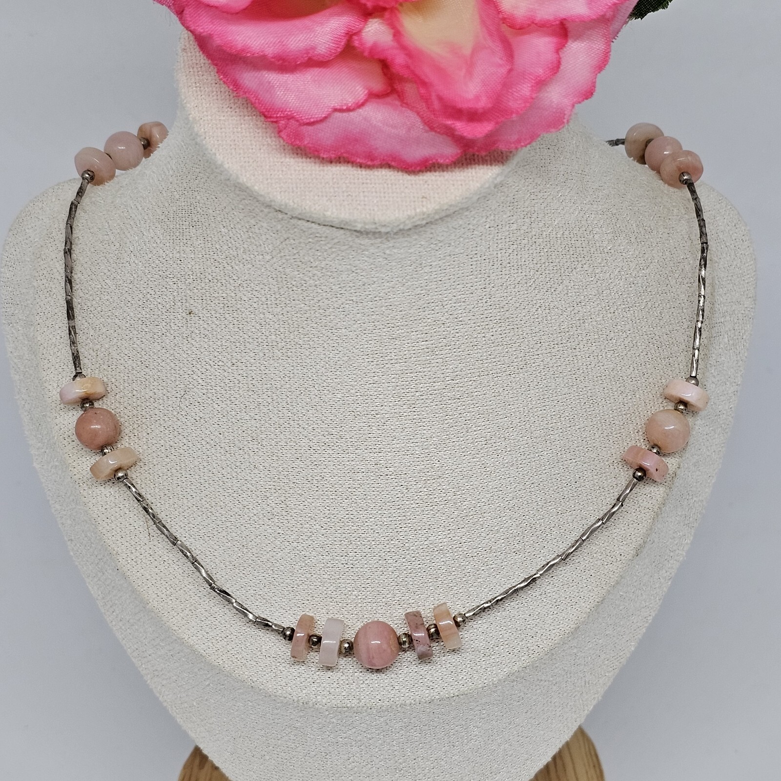 925 Sterling Silver – Round Pink Agate Beaded Chain Choker Necklace 16.5″ Long