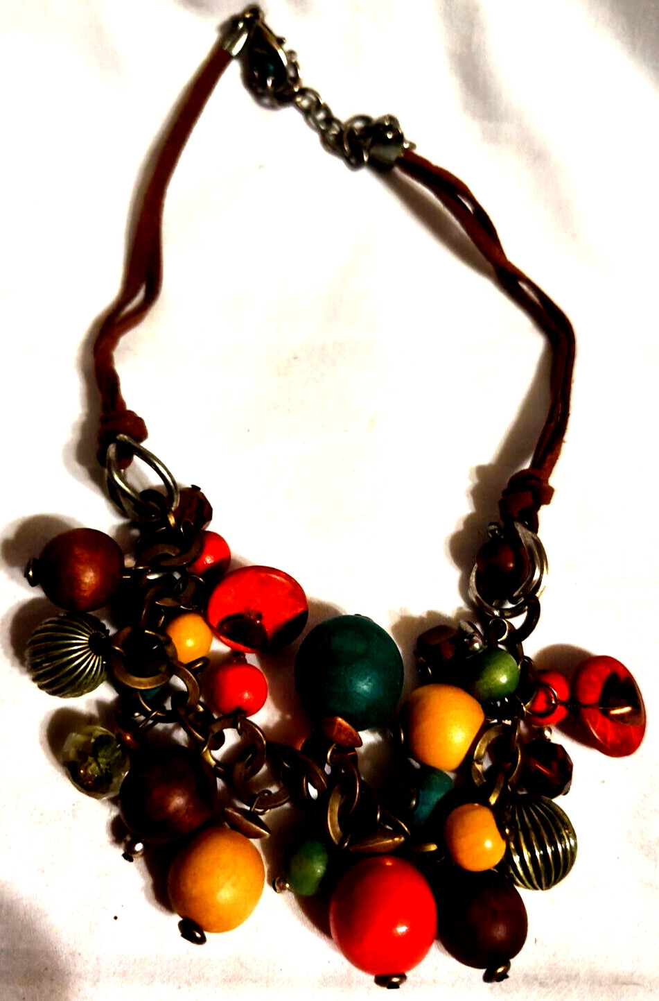 Wood Wooden 3/8″ to 3/4″ Round Beads 19″ Latigo Necklace VTG Multicolor Chunky