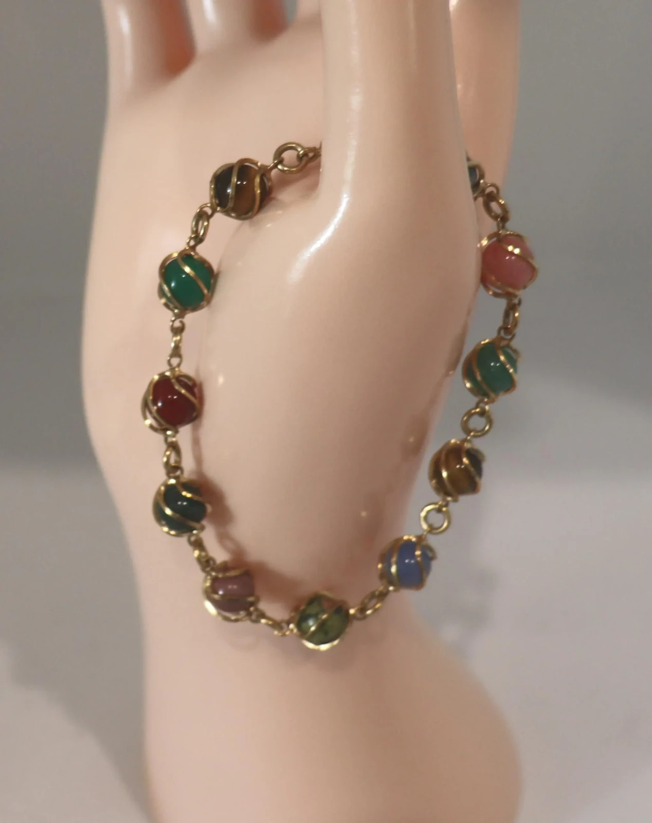 Vintage 12k Gold Filled Real Stone Bracelet Tigers Eye Carnelian Agate Jade
