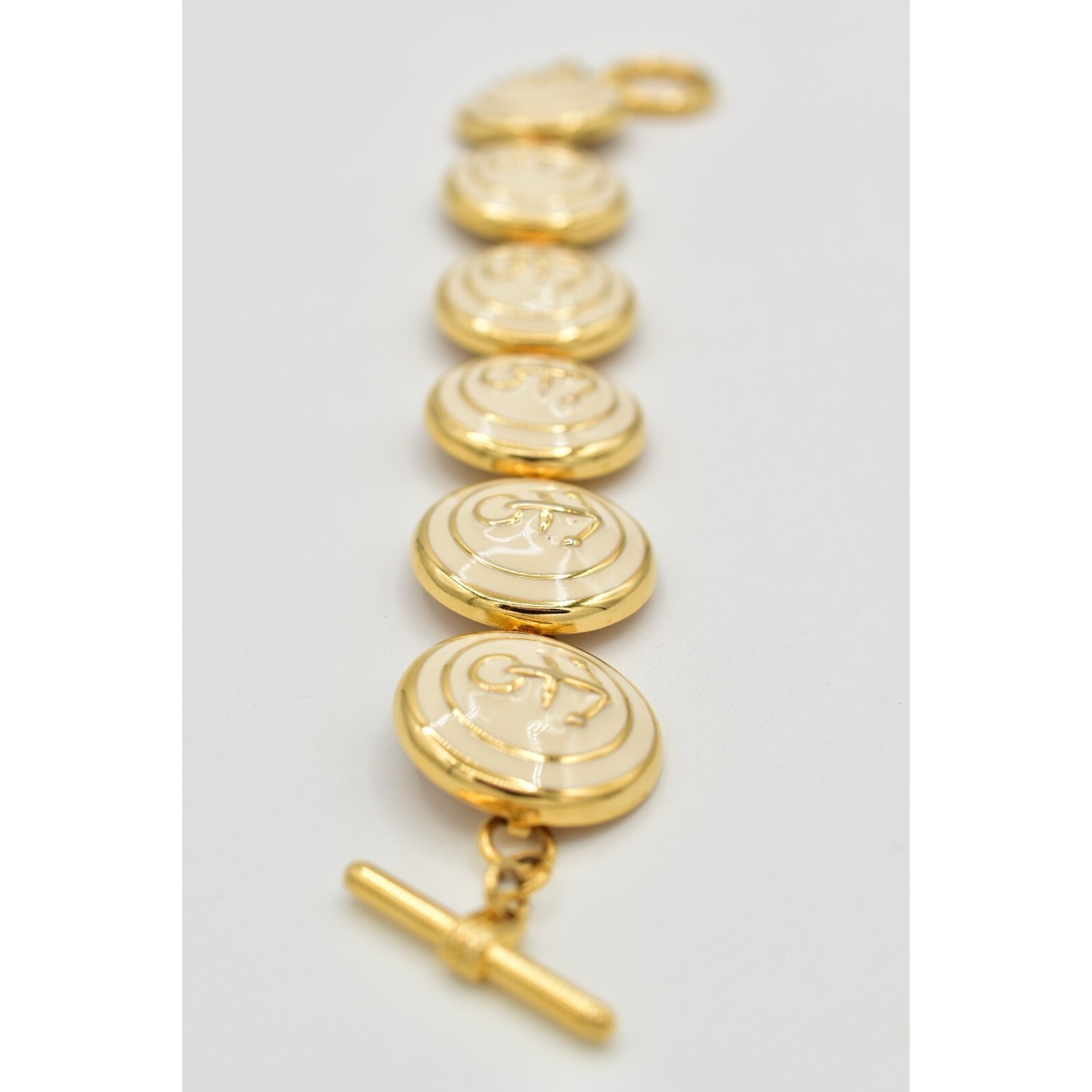 Vintage Anchor Linked Bracelet Chunky Off White Nautical Gold Tone 1990s BinAW