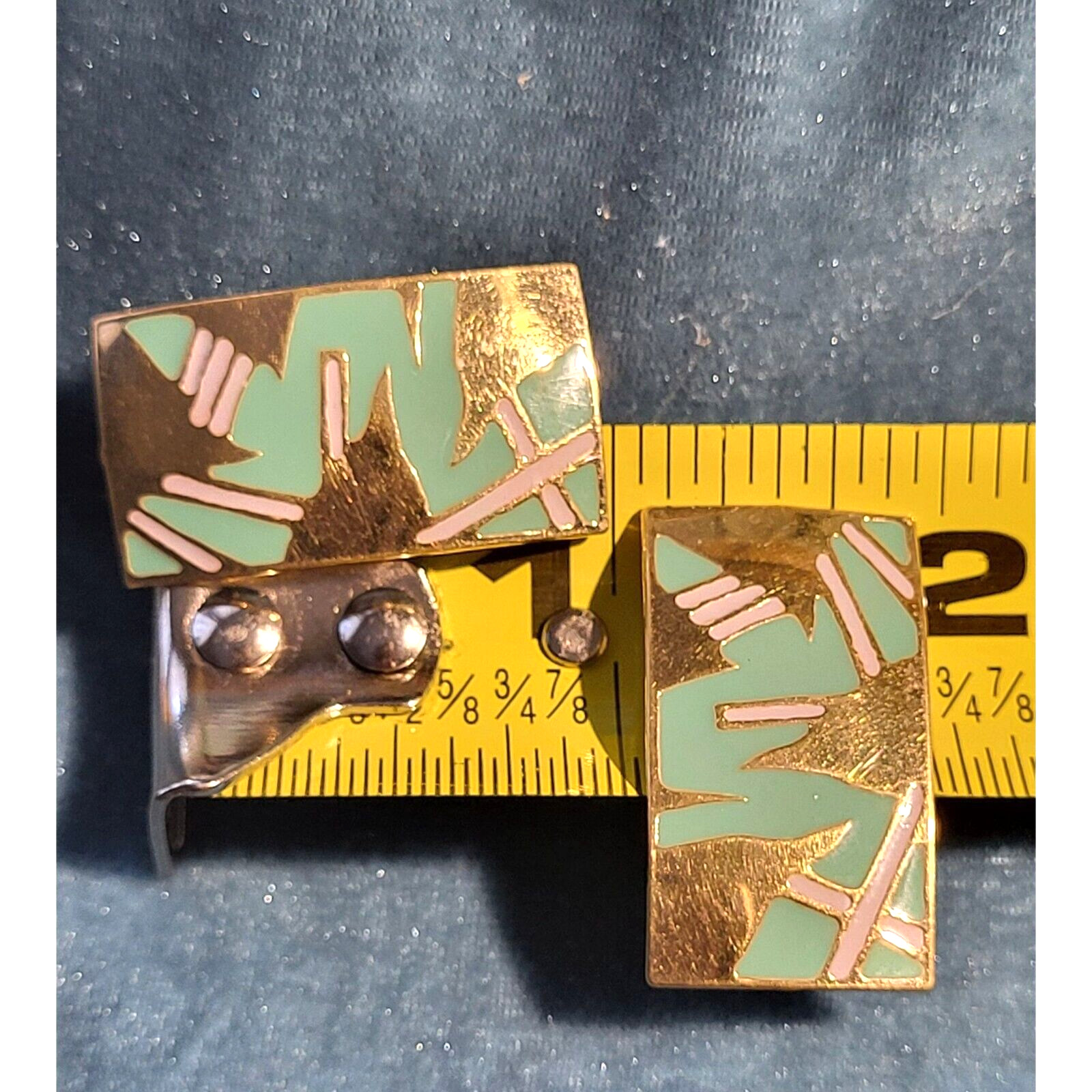 Vintage L Bott Modernist Art Deco Gold Toned Geometric post earrings Teal