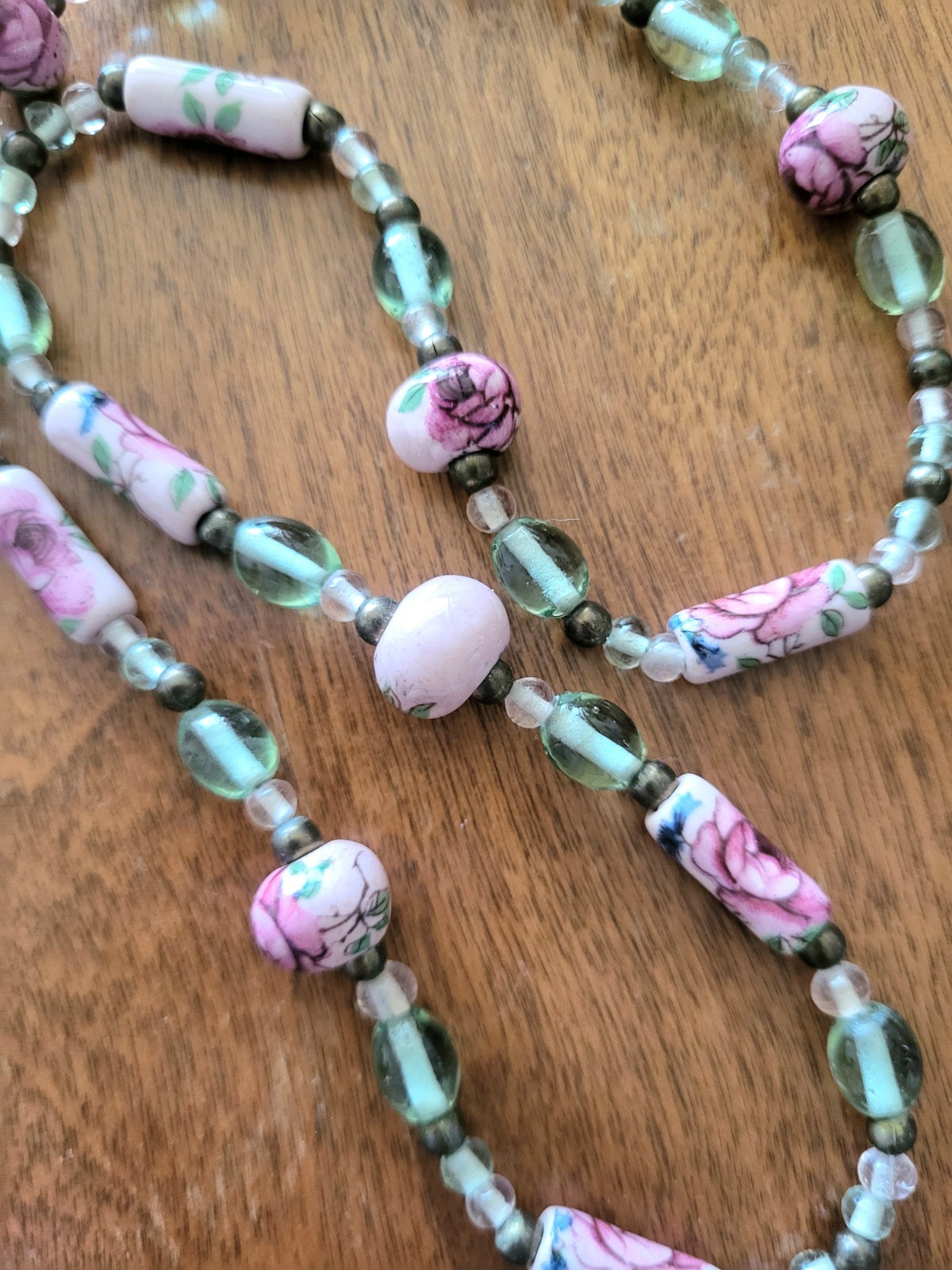 Vintage Cottagecore Sea Green Glass, Brass and Pink Porcelain Rose Bead Necklace