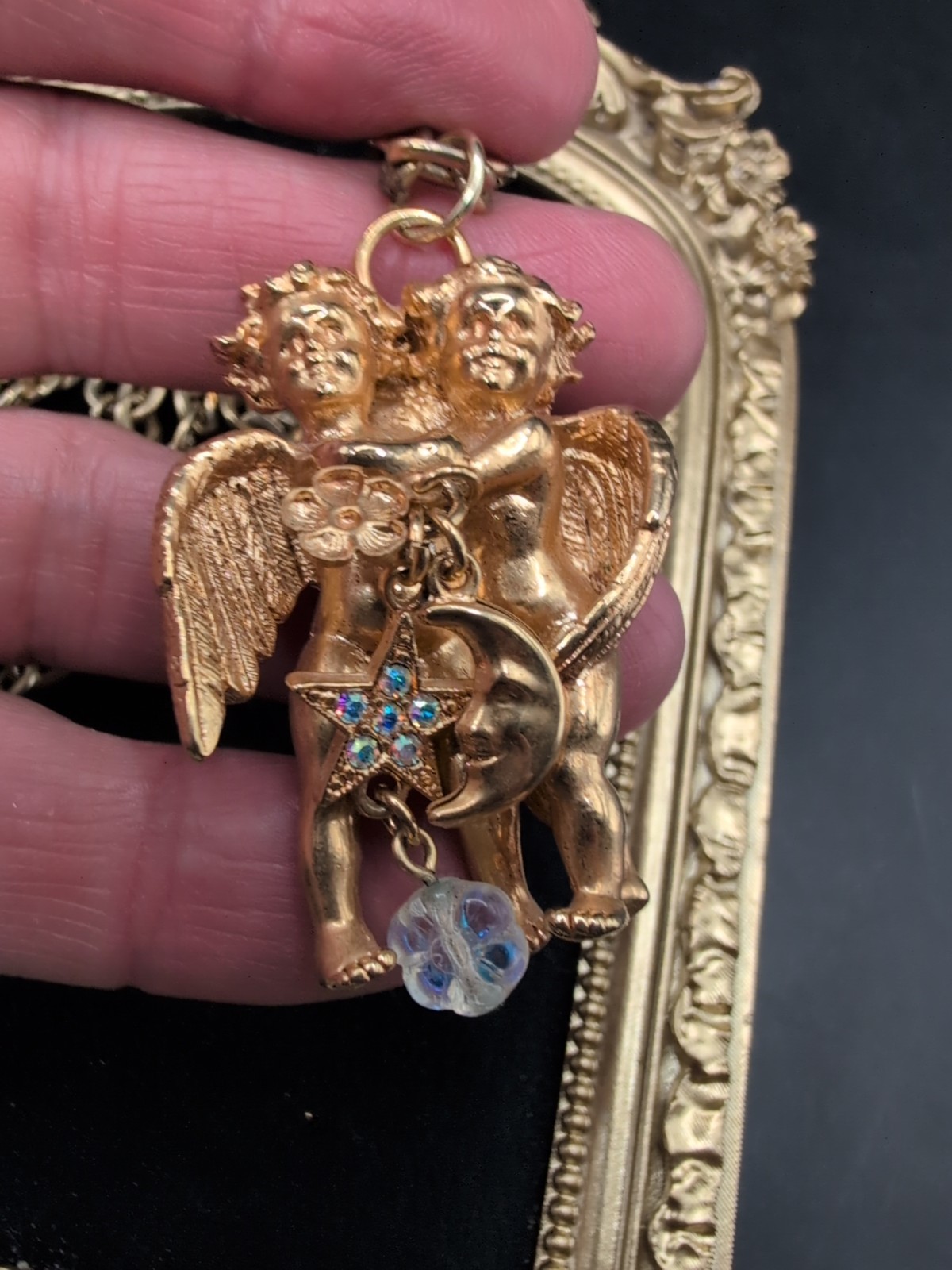 Vintage Kirks Folly Double Cherub WithStar Charm Necklace Gold Tone
