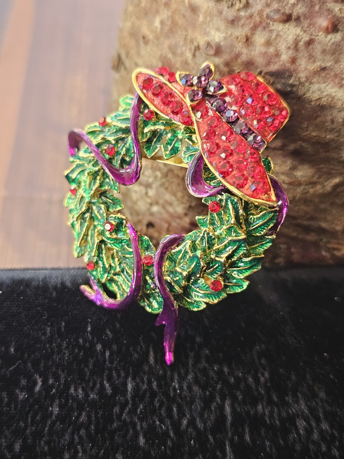 Vintage Red Hat Society Enamel Rhinestone Wreath Brooch Purple Ribbon