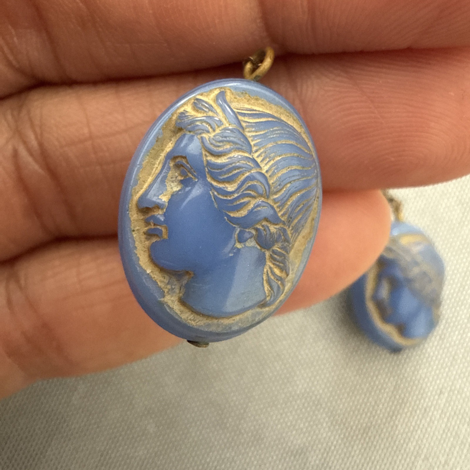 VTG Blue Intaglio Men Figure Head 1/20 12kGF One Of Kind Rare 2”1/4 Earring