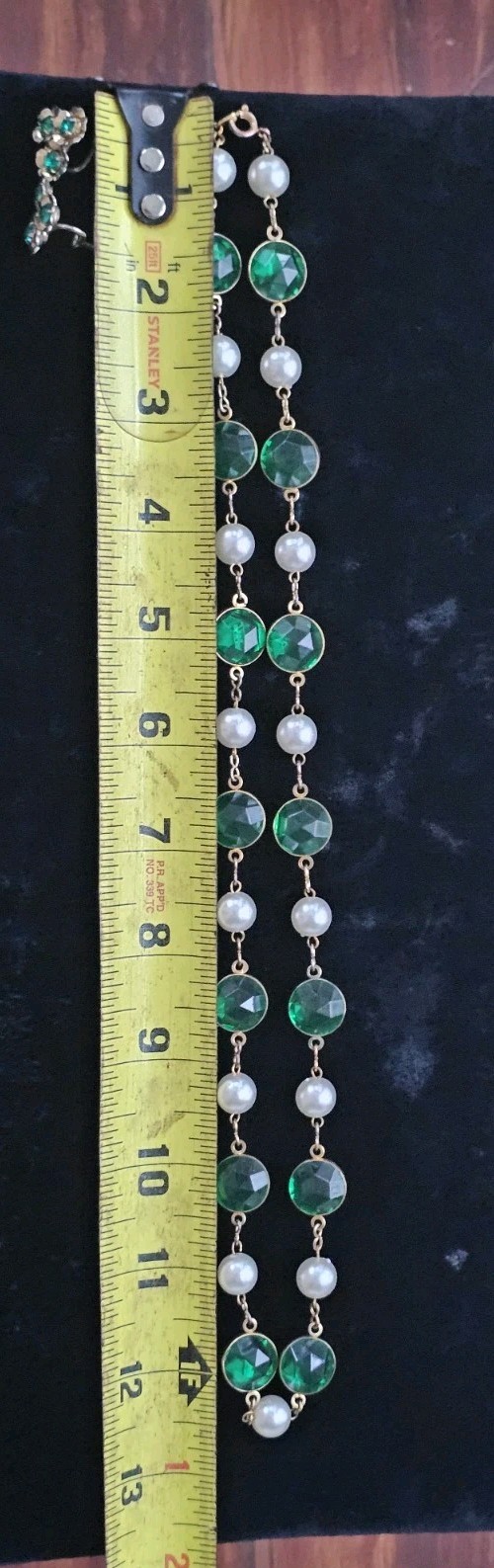 Vtg Green Acrylic Bezel Set Crystal Faux Pearl Goldtone Necklace Screwback Ear
