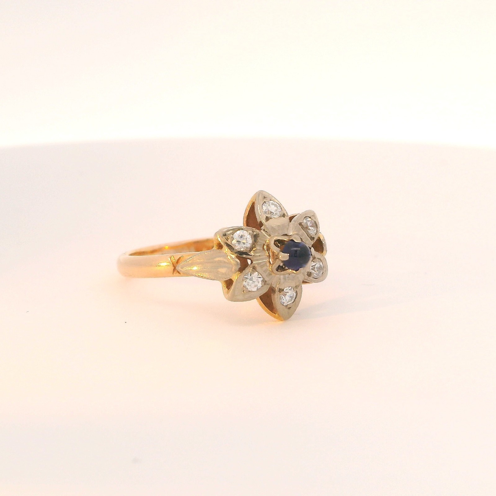 Vintage Soviet Era 583 Pink/White Gold Lab-Created Stone Flower Ring – Size 9