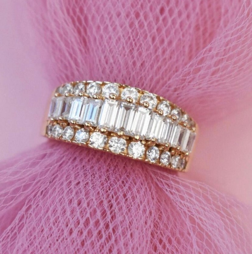 Right hand ring for women, massive baguette cz anniversary band solid 14K gold
