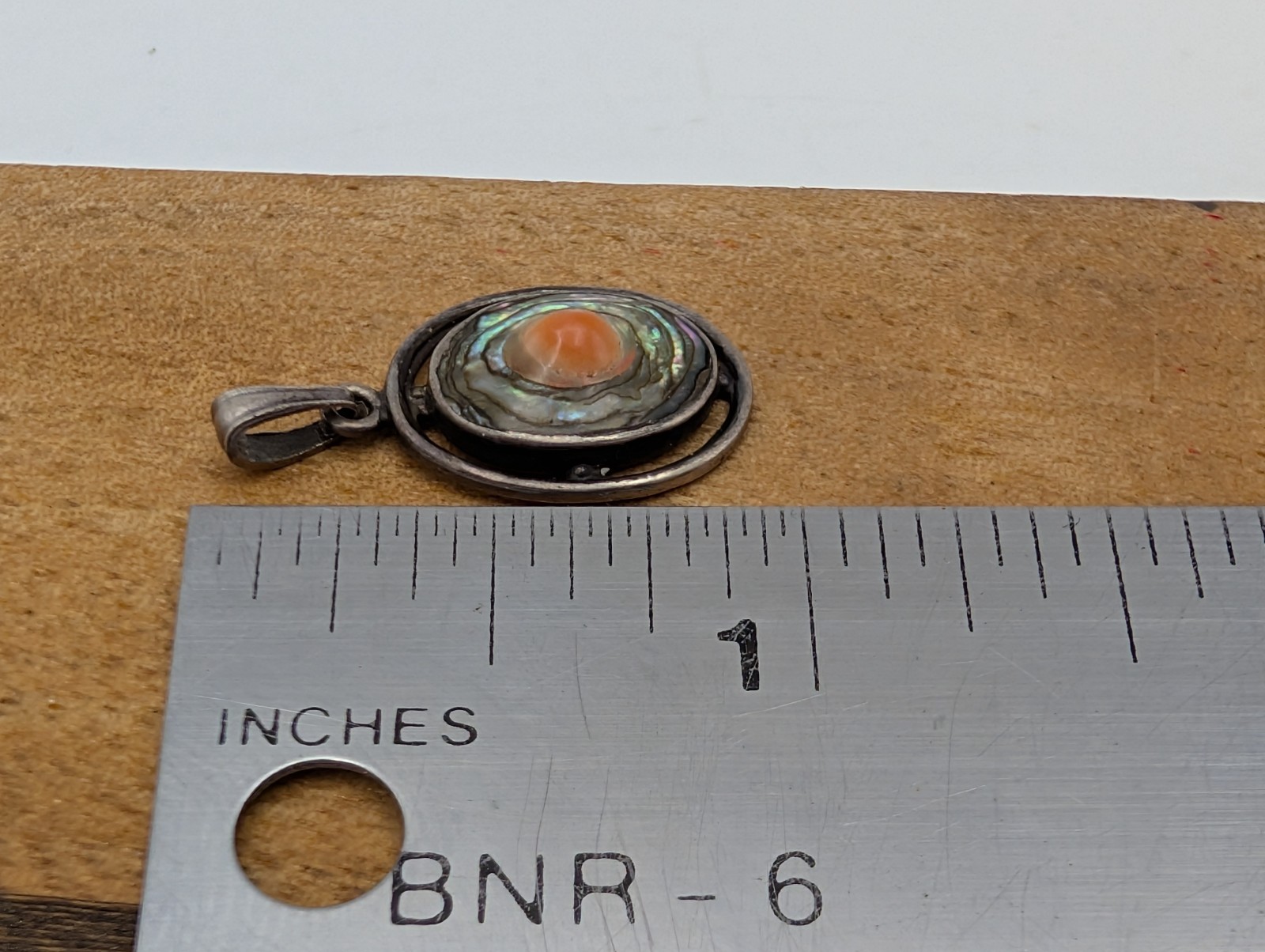 Vintage 925 Sterling Silver Orange Coral and Abalone Pendant 1″