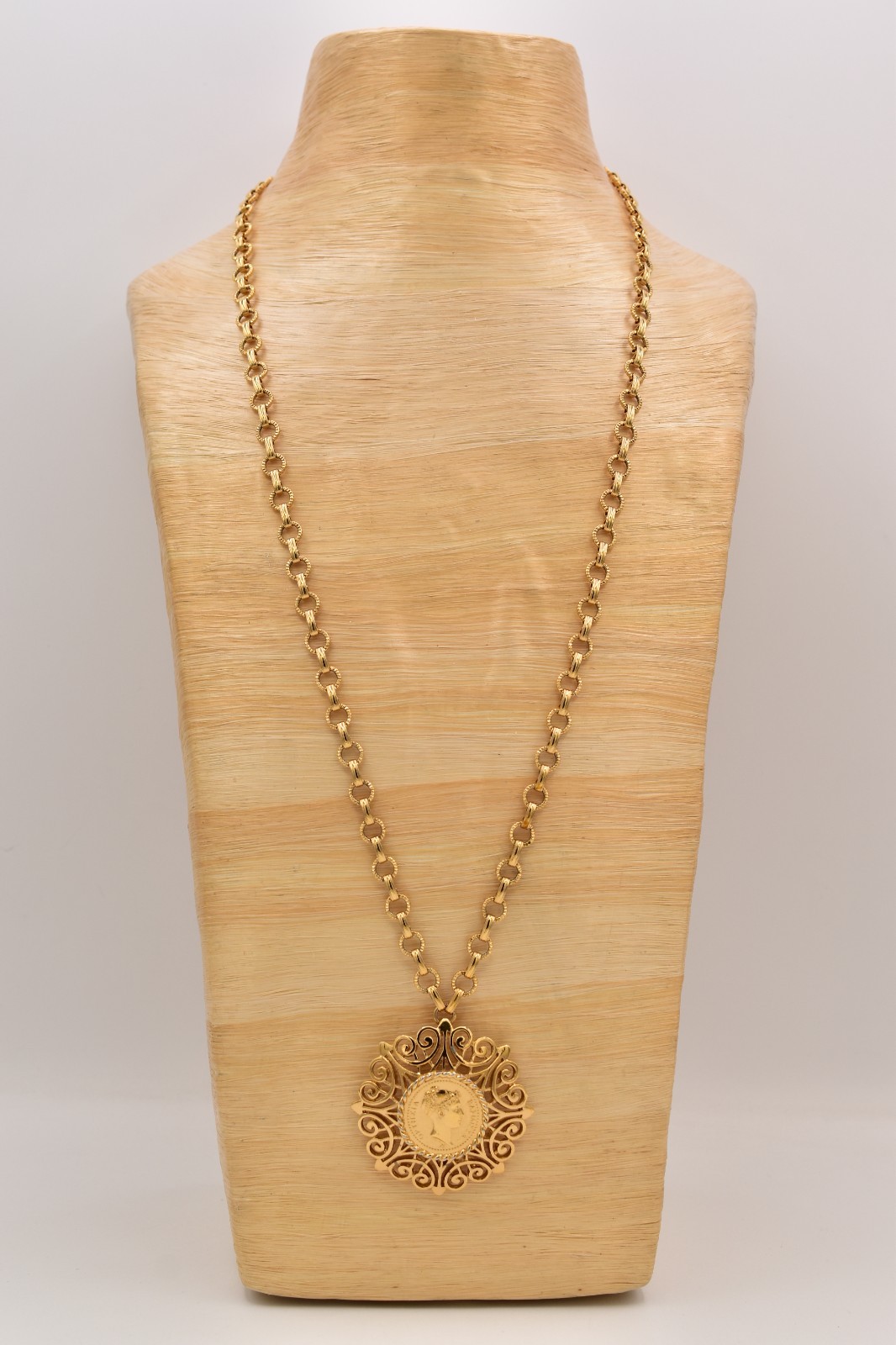 Monet Vintage Coin Pendant Necklace Gold Filigree Medallion Signed 1970s BinBN