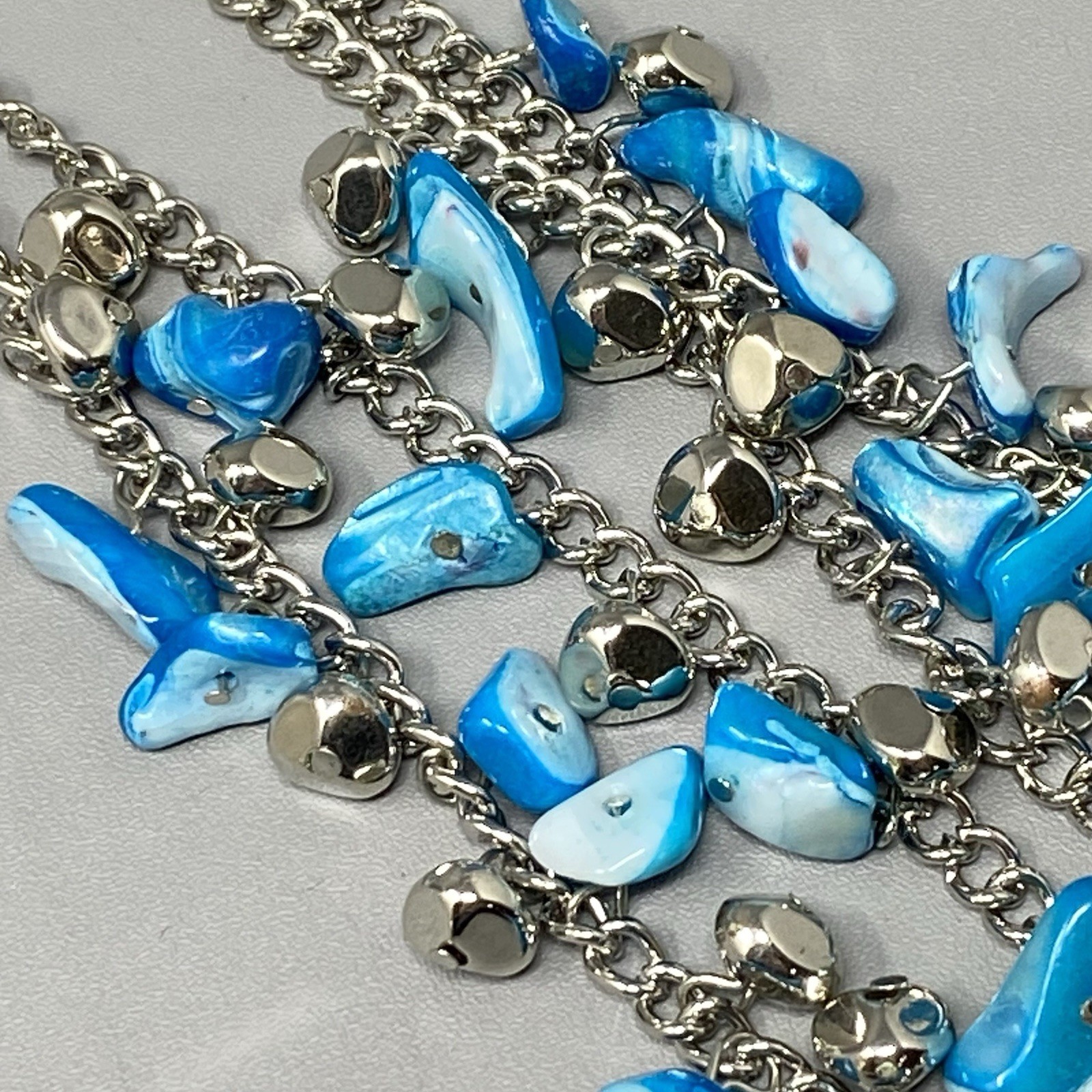 Mother of Pearl Necklace Blue Dyed Fringe Nuggets Silver Tone Layered Shell 16″