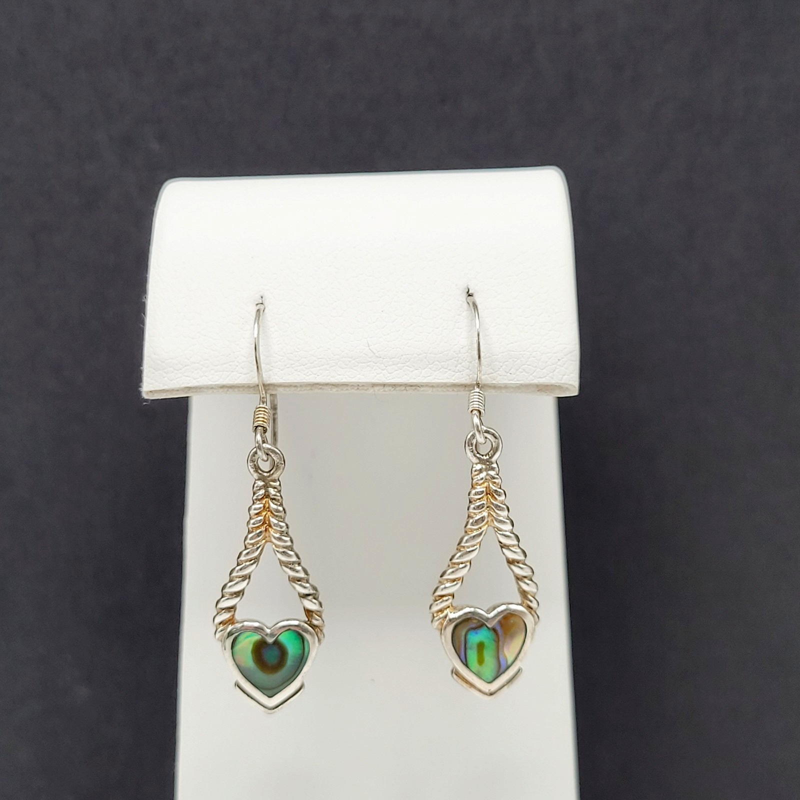 Heart Twisted Open Metal Paua Shell Inlay Sterling 925 MC Hook Pierced Earrings