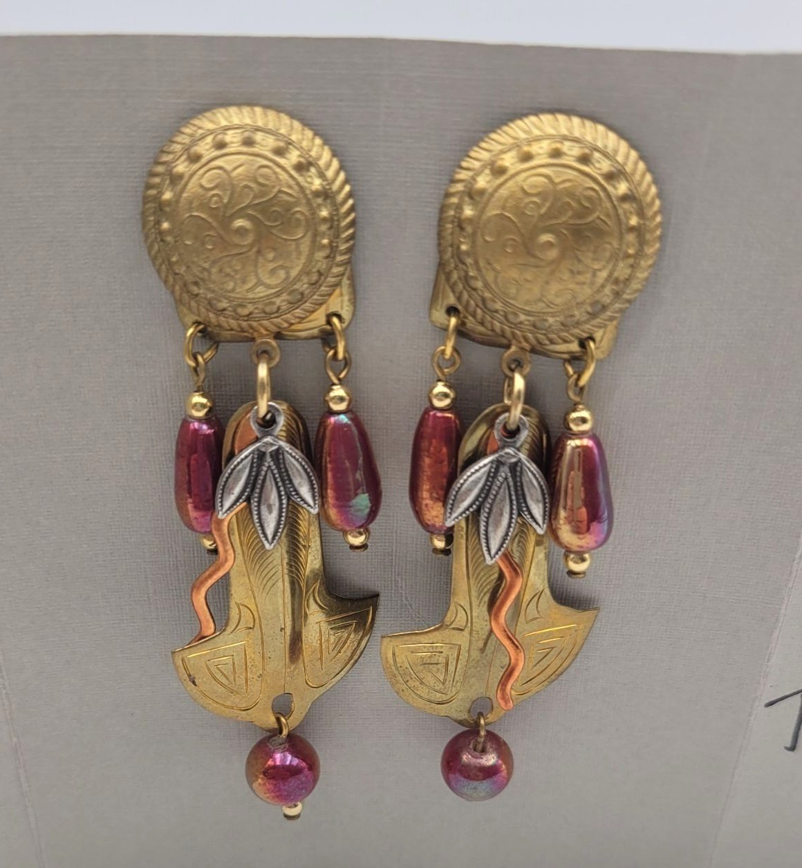 John Michael Richardson “Arabian Nights” Dangle Drop Earrings Brass Copper Glass