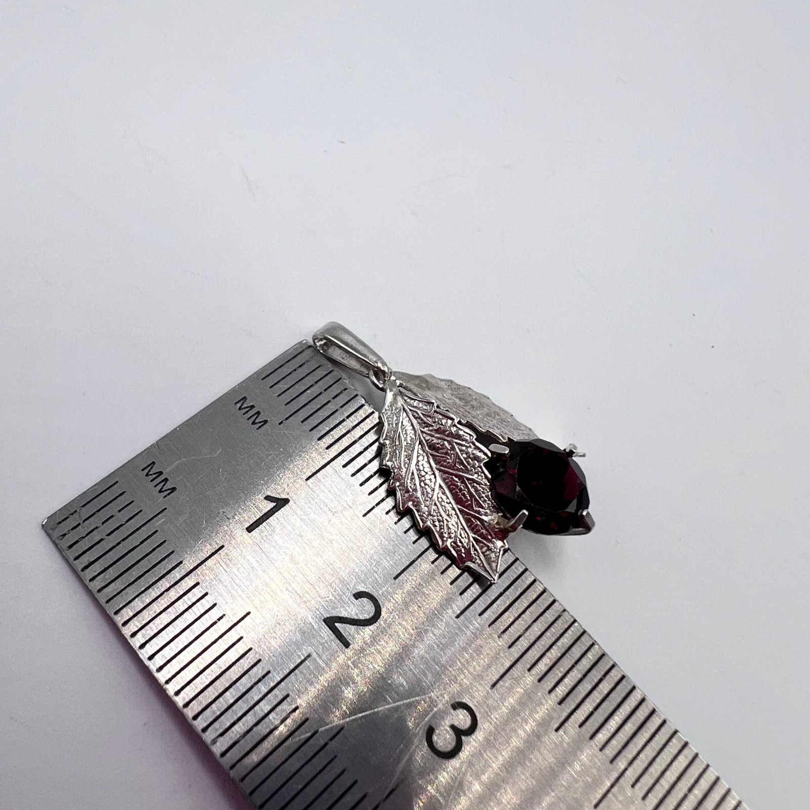 Vintage 835 Silver Leaf Pendant Red Stone | European Style | No Chain