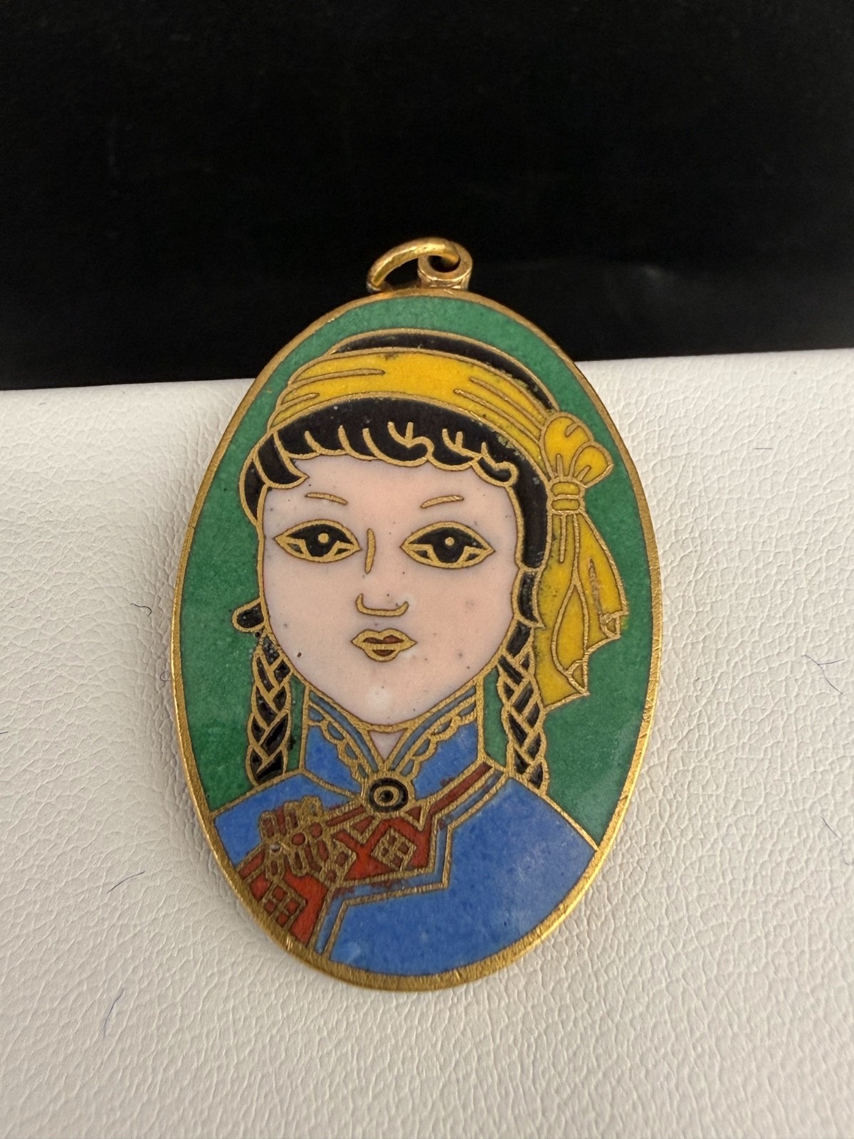 Vintage Cloisonne Pendant Gold Tone Enamel Person