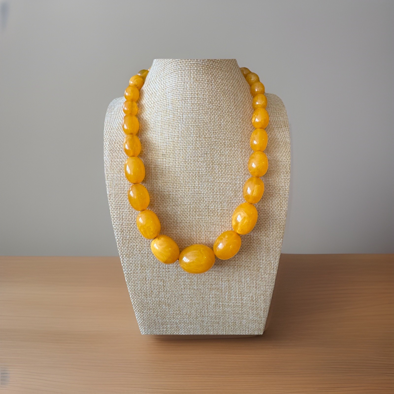 Vintage Style Oval Shape Translucent Egg Yolk Amber Resin Beads Necklace 106gr