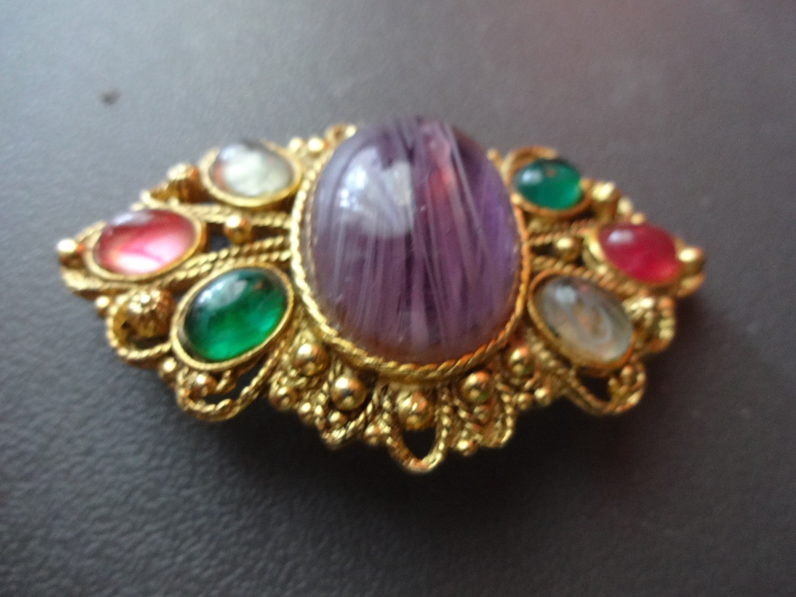 Vtg Gripoix Poured Slag Glass Mogul Multicolor Rhyinestone Jeweled Brooch