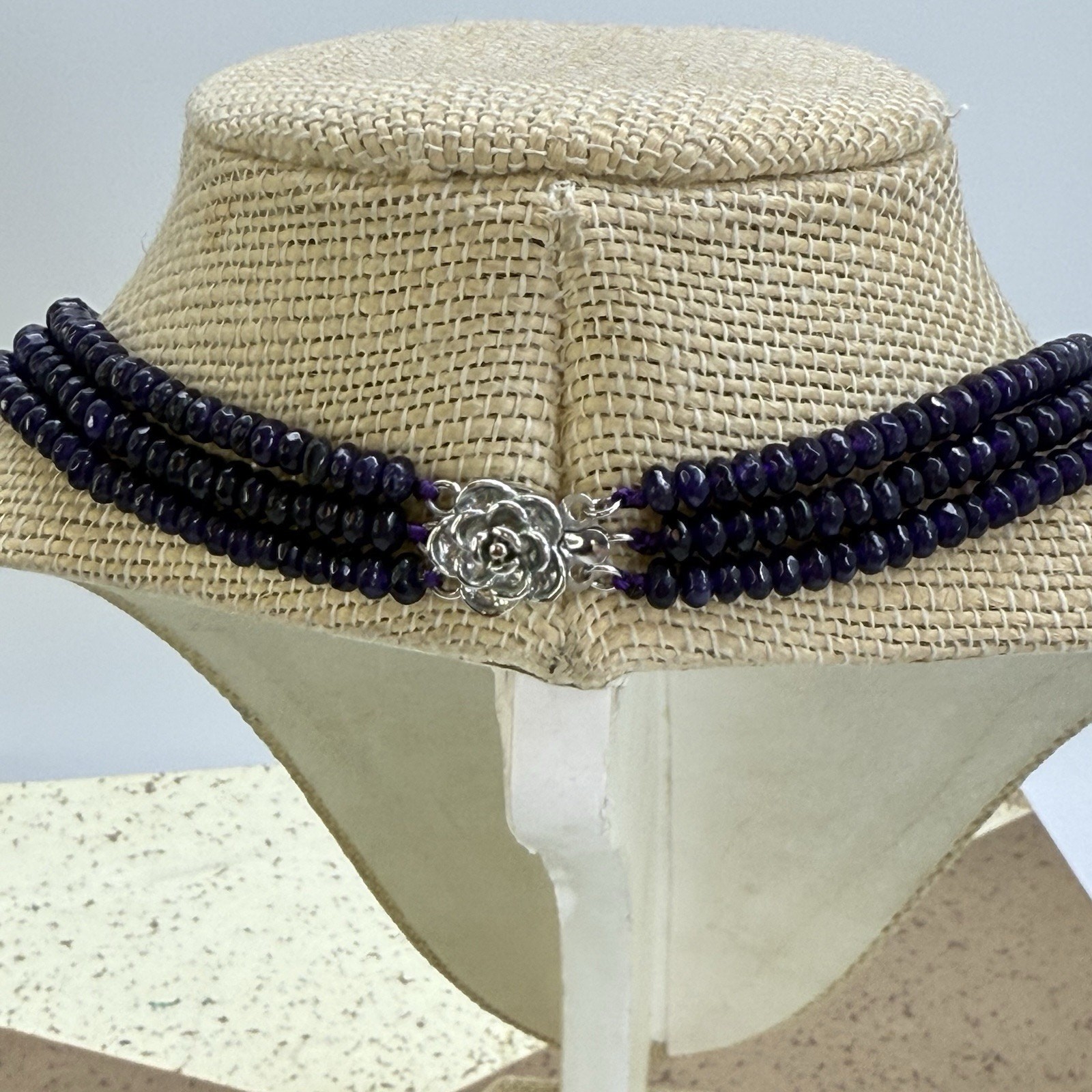 Vintage 3 Strand Purple Iolite Bead Necklace Faceted Iolite Floral Clasp